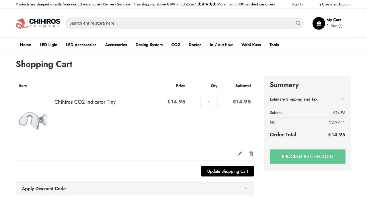 The shopping cart on Chihiros.eu with the PROCEED TO CHECKOUT button.