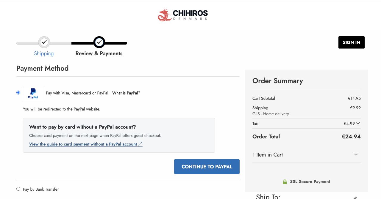 The Pay with Visa, Mastercard or PayPal payment method, with help for paying without an account, a guide link and the blue CONTINUE TO PAYPAL button.