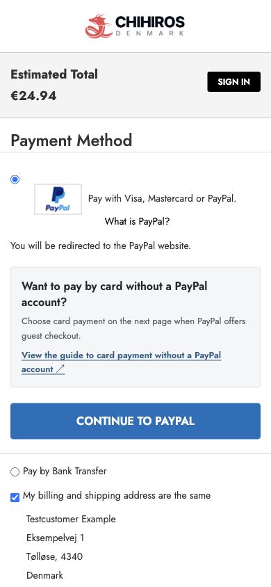 The Pay with Visa, Mastercard or PayPal payment method, with help for paying without an account, a guide link and the blue CONTINUE TO PAYPAL button.