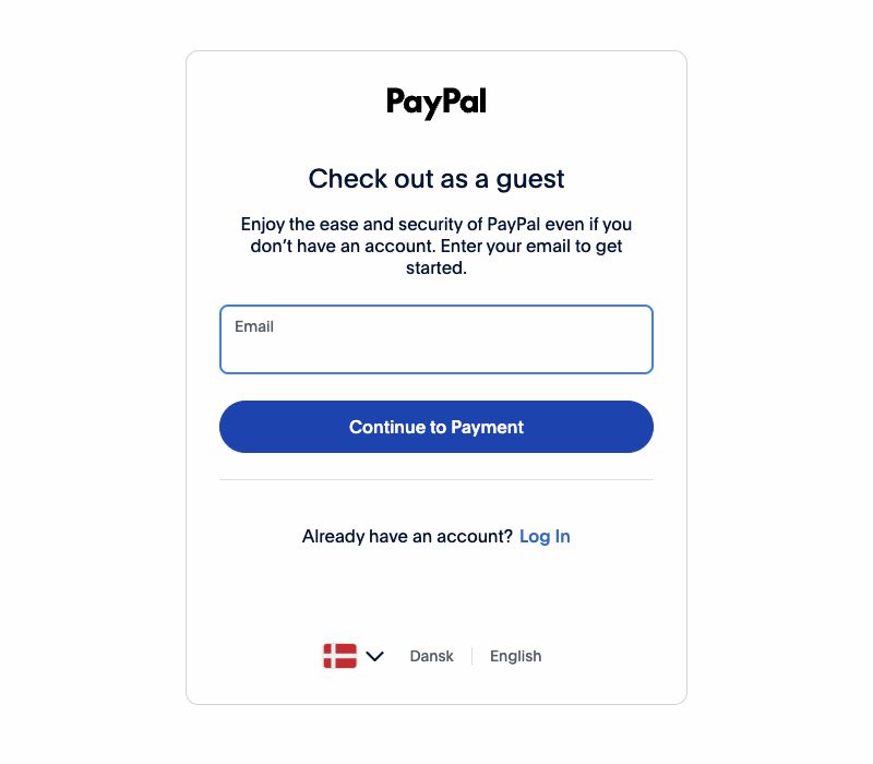 PayPal’s Check out as a guest page with an email address field and the Continue to Payment button.