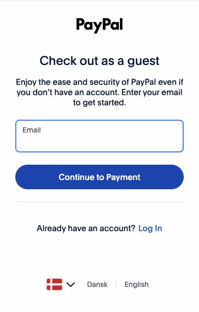 PayPal’s Check out as a guest page with an email address field and the Continue to Payment button.