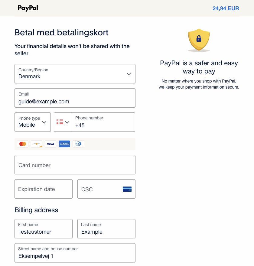 PayPal’s form for card number, expiry date, security code and contact information. No card details have been entered.