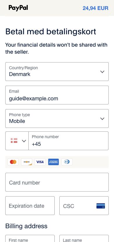 PayPal’s form for card number, expiry date, security code and contact information. No card details have been entered.