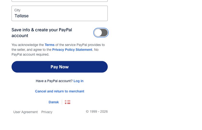 Save info & create your PayPal account switched off. PayPal states No PayPal account required above the Pay Now button.